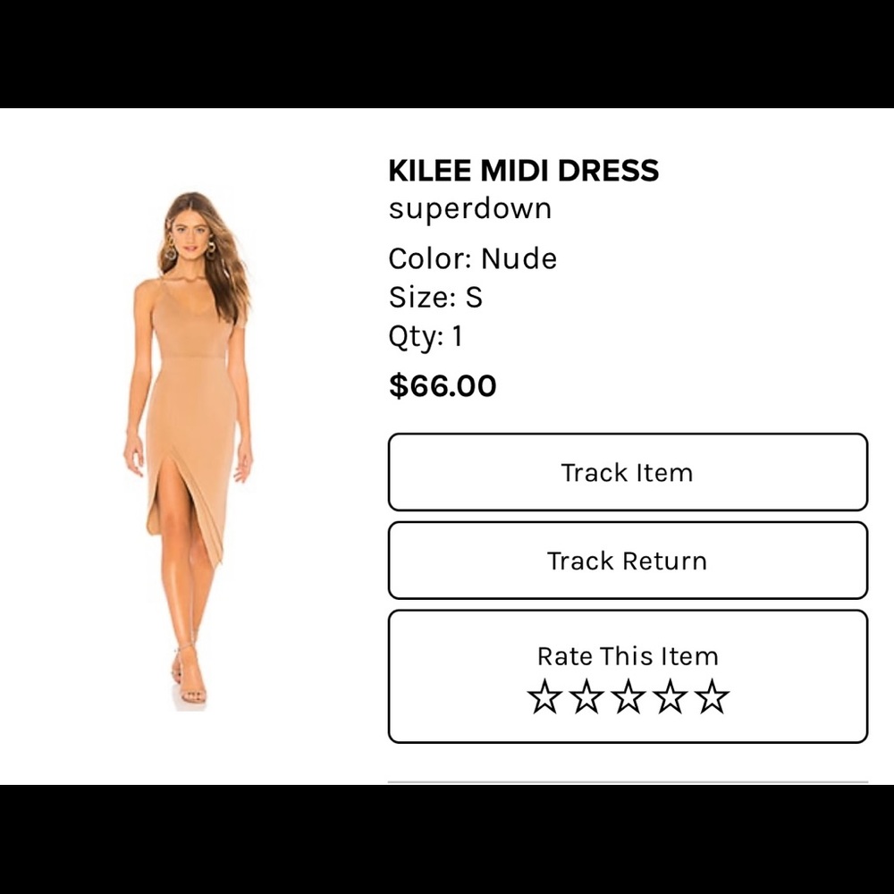 Revolve, tan, nude midi slit, summer party dress